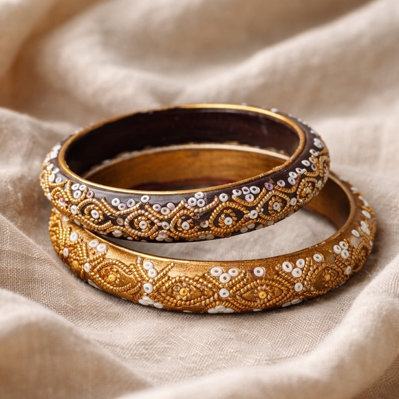 Source Unknown Jewelry - Hand Beaded Wood Bangles Gold White Seed Bead Boho Luxe Artisan Global Artisan